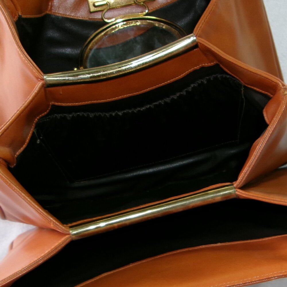 Vintage 1970s Lou Taylor Italy Caramel Brown‎ Shoulder Bag Purse Cosmetic Mirror - Picture 4 of 4